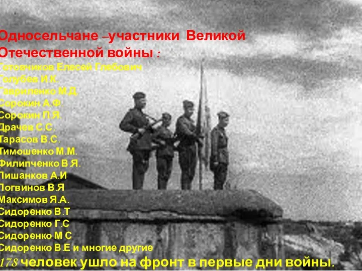 Односельчане –участники Великой Отечественной войны : Готовчиков Елесей Глебович Голубев И.К.