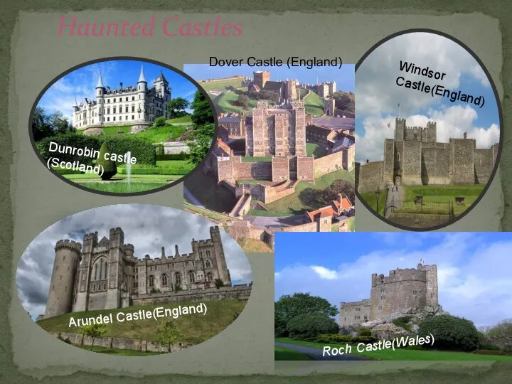 Haunted Castles Dunrobin castle (Scotland) Arundel Castle(England) Roch Castle(Wales) Dover Castle (England) Windsor Castle(England)