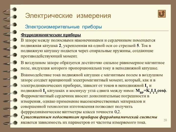 Электрические измерения Электроизмерительные приборы Ферродинамические приборы В зазоре между полюсными наконечниками