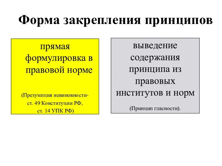 Форма закрепления принципов прямая формулировка в правовой норме (Презумпция невиновности- ст.