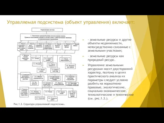 Управляемая подсистема (объект управления) включает: - земельные ресурсы и другие объекты