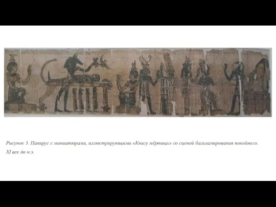 Рисунок 3. Папирус с миниатюрами, иллюстрирующими «Книгу мёртвых» со сценой бальзамирования покойного. XI век до н.э.