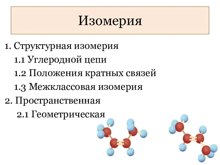 Изомерия 1. Структурная изомерия 1.1 Углеродной цепи 1.2 Положения кратных связей