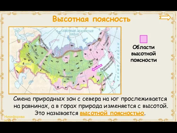 Высотная поясность Смена природных зон с севера на юг прослеживается на