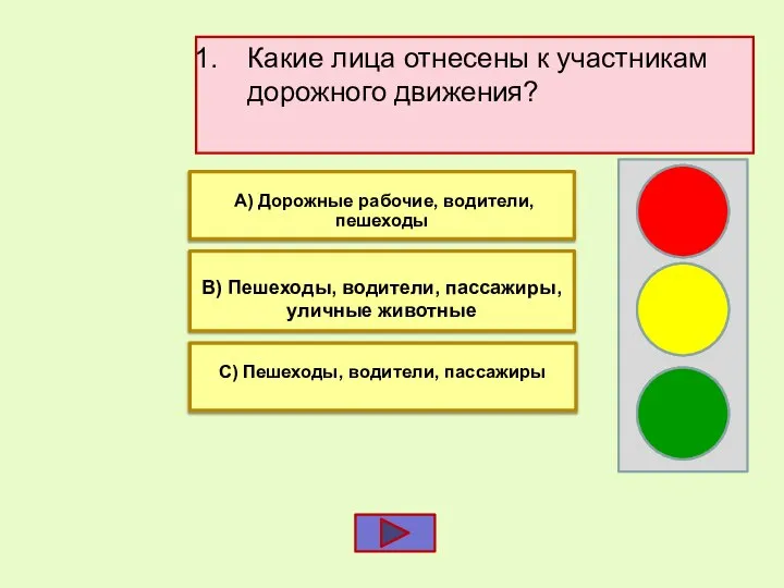 Какие лица отнесены к участникам дорожного движения? В) Пешеходы, водители, пассажиры,