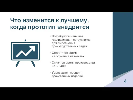 Что изменится к лучшему, когда прототип внедрится Потребуется меньшая квалификация сотрудников