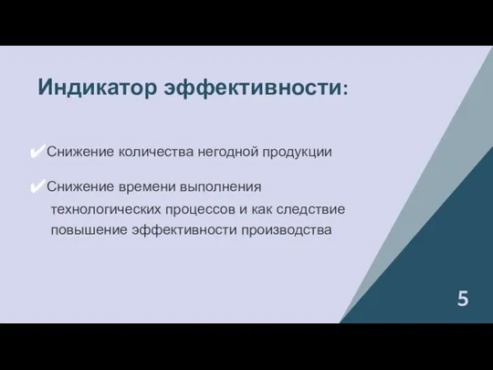 Индикатор эффективности: Снижение количества негодной продукции Снижение времени выполнения технологических процессов