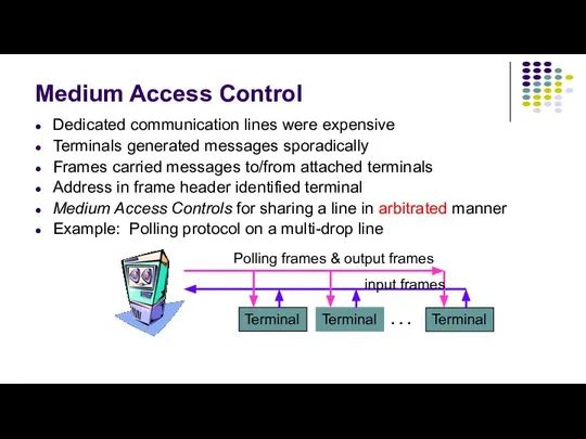 Dedicated communication lines were expensive Terminals generated messages sporadically Frames carried