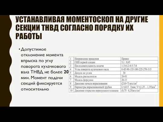 УСТАНАВЛИВАЯ МОМЕНТОСКОП НА ДРУГИЕ СЕКЦИИ ТНВД СОГЛАСНО ПОРЯДКУ ИХ РАБОТЫ Допустимое