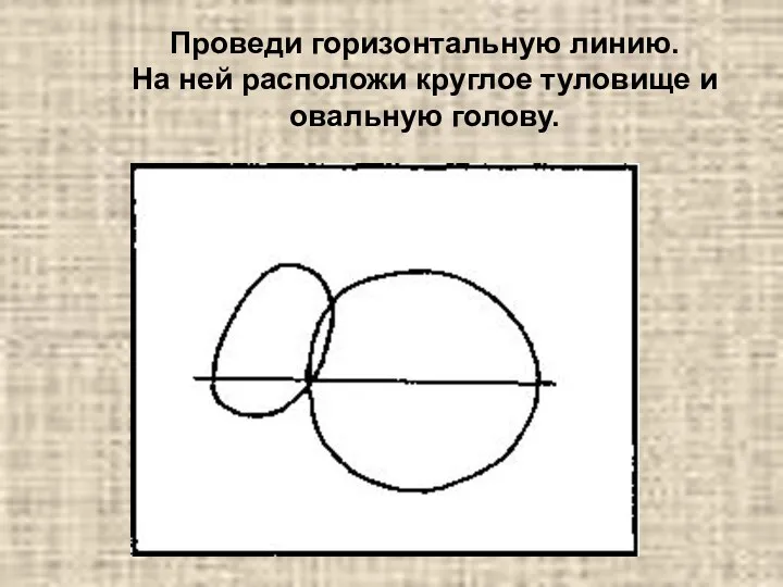 Проведи горизонтальную линию. На ней расположи круглое туловище и овальную голову.