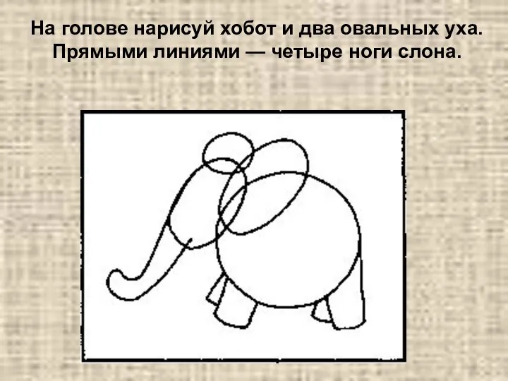 На голове нарисуй хобот и два овальных уха. Прямыми линиями — четыре ноги слона.