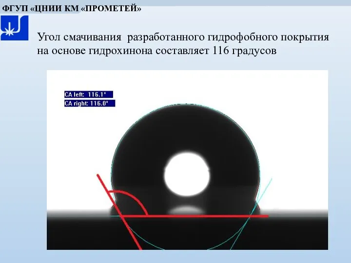 Угол смачивания разработанного гидрофобного покрытия на основе гидрохинона составляет 116 градусов