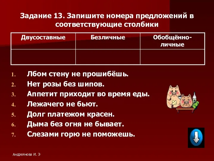 Задание 13. Запишите номера предложений в соответствующие столбики Лбом стену не