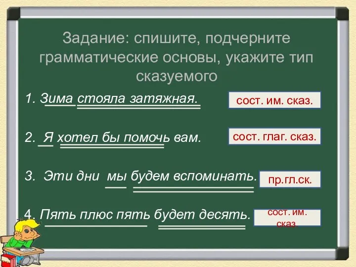 Задание: спишите, подчерните грамматические основы, укажите тип сказуемого 1. Зима стояла