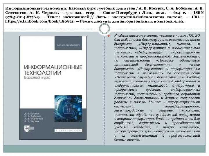 Информационные технологии. Базовый курс : учебник для вузов / А. В.