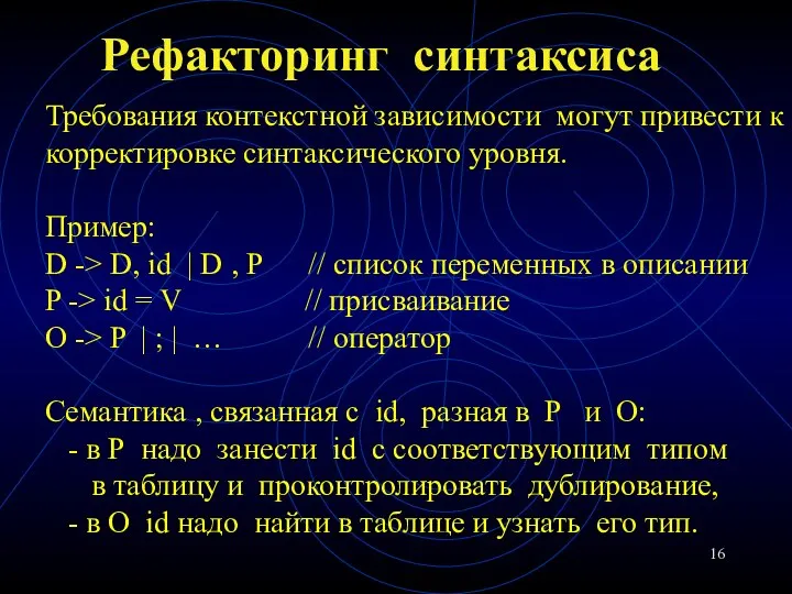 Рефакторинг синтаксиса Требования контекстной зависимости могут привести к корректировке синтаксического уровня.