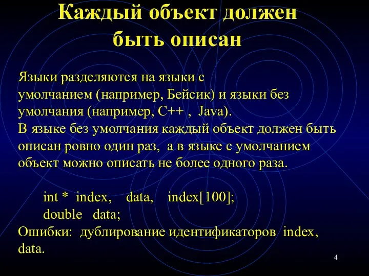 Каждый объект должен быть описан Языки разделяются на языки с умолчанием