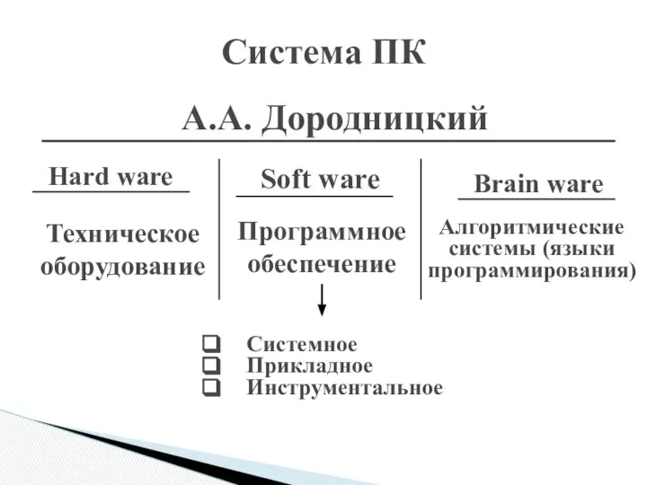 Система ПК А.А. Дородницкий Hard ware Soft ware Brain ware Техническое