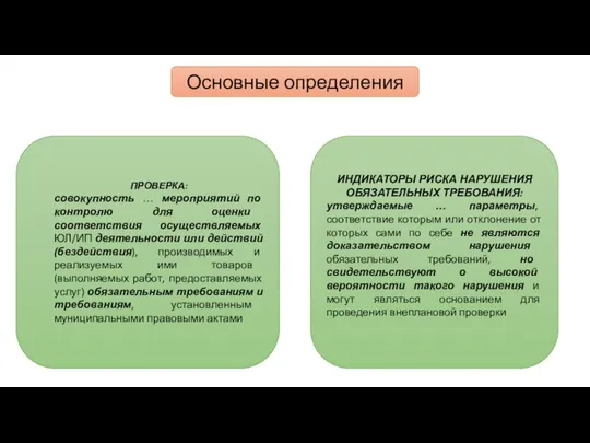 Основные определения ИНДИКАТОРЫ РИСКА НАРУШЕНИЯ ОБЯЗАТЕЛЬНЫХ ТРЕБОВАНИЯ: утверждаемые … параметры, соответствие