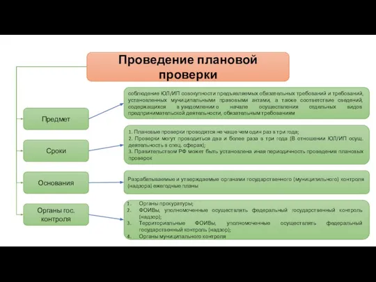 Проведение плановой проверки Предмет Сроки Основания Органы гос. контроля соблюдение ЮЛ/ИП