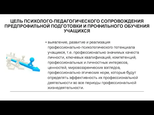 выявление, развитие и реализация профессионально-психологического потенциала учащихся, т.е. профессионально значимых качеств