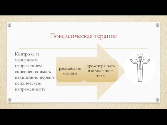 Поведенческая терапия Контроль за мышечным напряжением способен снимать излишнюю нервно-психическую напряженность. предотвращать напряжение в теле