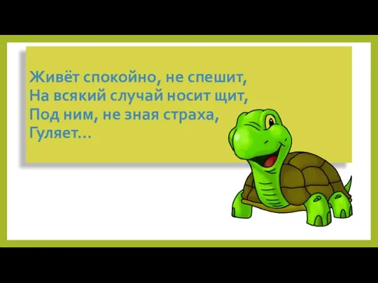 Живёт спокойно, не спешит, На всякий случай носит щит, Под ним, не зная страха, Гуляет…