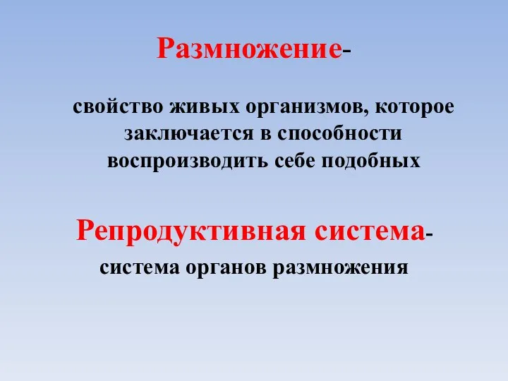 Размножение- свойство живых организмов, которое заключается в способности воспроизводить себе подобных Репродуктивная система- система органов размножения