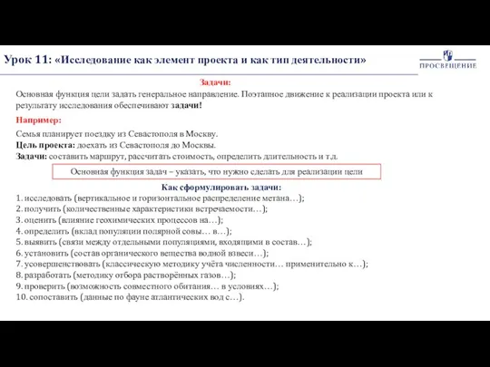 Урок 11: «Исследование как элемент проекта и как тип деятельности» Задачи: