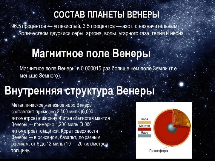 СОСТАВ ПЛАНЕТЫ ВЕНЕРЫ 96.5 процентов — углекислый, 3.5 процентов — азот,