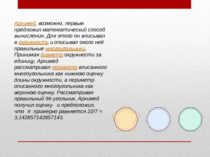 Архимед, возможно, первым предложил математический способ вычисления. Для этого он вписывал