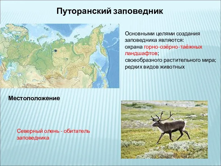 Путоранский заповедник Местоположение Основными целями создания заповедника являются: охрана горно-озёрно-таёжных ландшафтов;