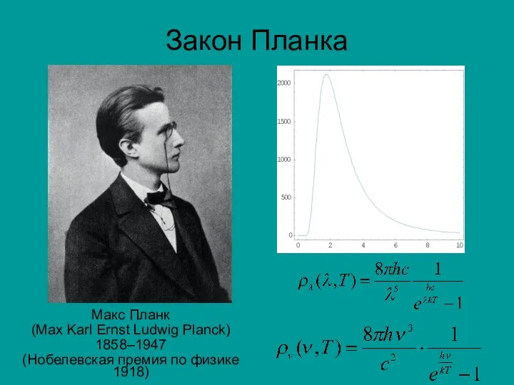 Закон Планка Макс Планк (Max Karl Ernst Ludwig Planck) 1858–1947 (Нобелевская премия по физике 1918)