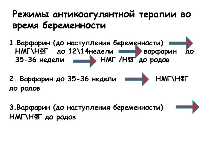 1.Варфарин (до наступления беременности) НМГ\НФГ до 12\14недели варфарин до 35-36 недели