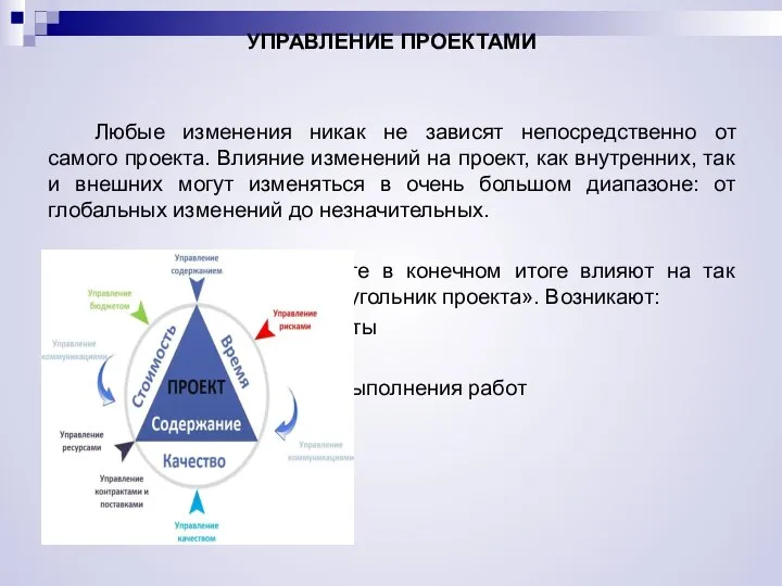 УПРАВЛЕНИЕ ПРОЕКТАМИ Любые изменения никак не зависят непосредственно от самого проекта.