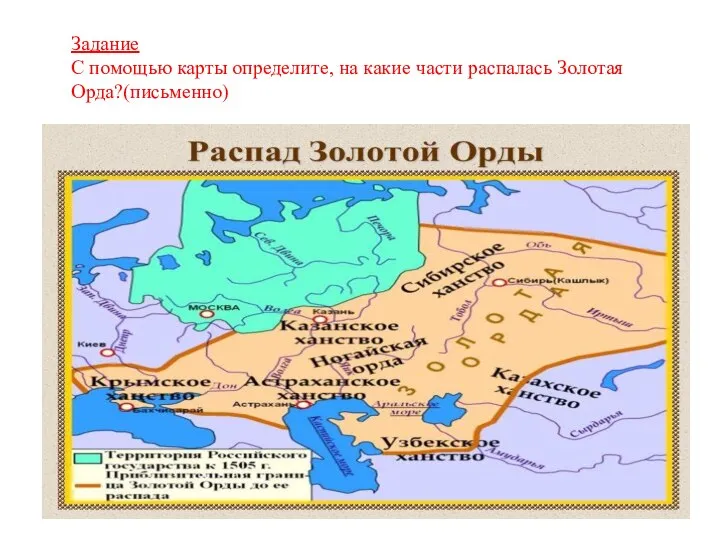 Задание С помощью карты определите, на какие части распалась Золотая Орда?(письменно)