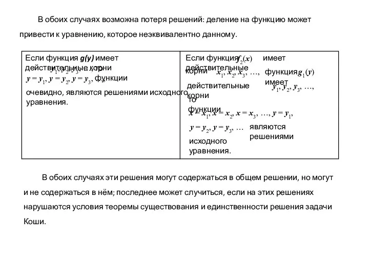 В обоих случаях возможна потеря решений: деление на функцию может привести