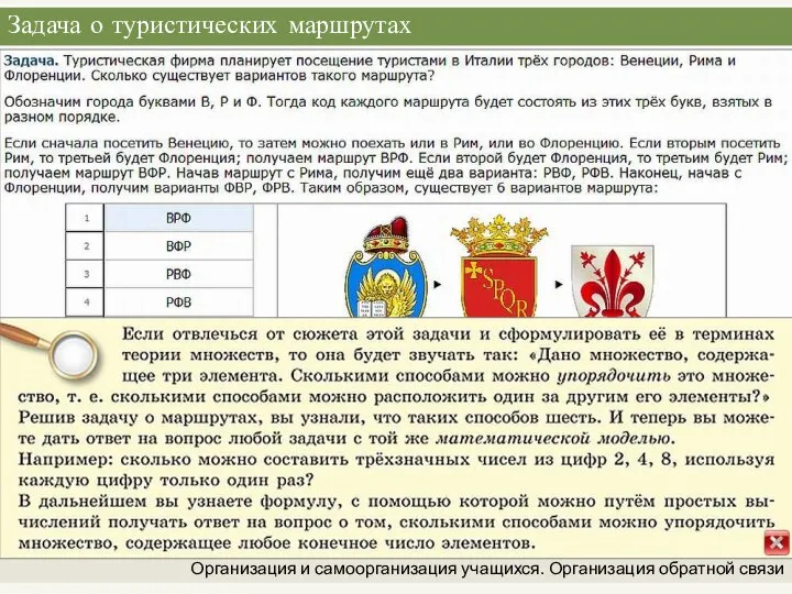 Задача о туристических маршрутах Организация и самоорганизация учащихся. Организация обратной связи формулировка