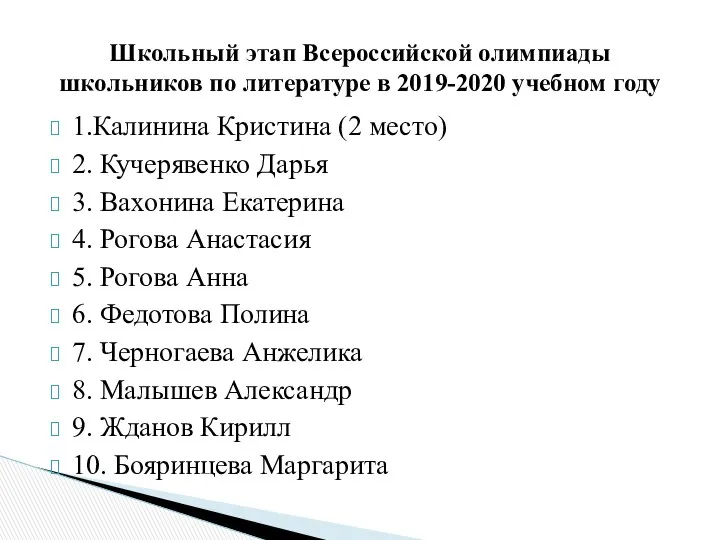 1.Калинина Кристина (2 место) 2. Кучерявенко Дарья 3. Вахонина Екатерина 4.