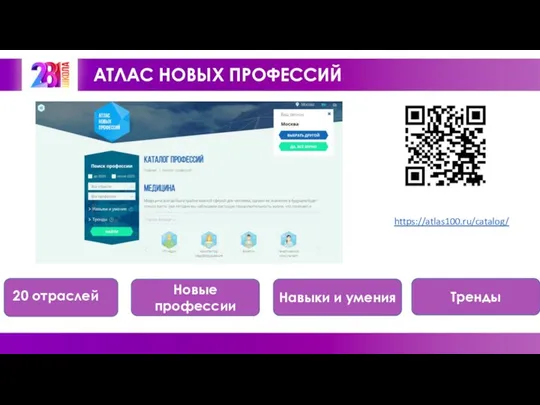 АТЛАС НОВЫХ ПРОФЕССИЙ https://atlas100.ru/catalog/ 20 отраслей Новые профессии Навыки и умения Тренды