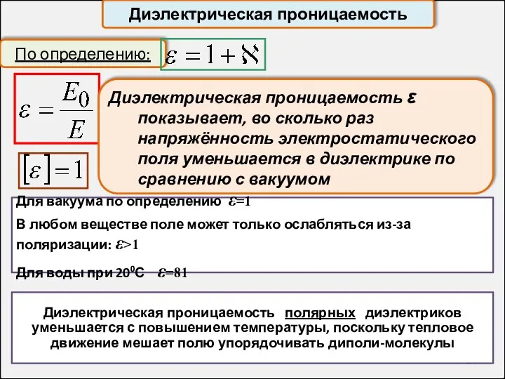 Диэлектрическая проницаемость По определению: Диэлектрическая проницаемость ε показывает, во сколько раз