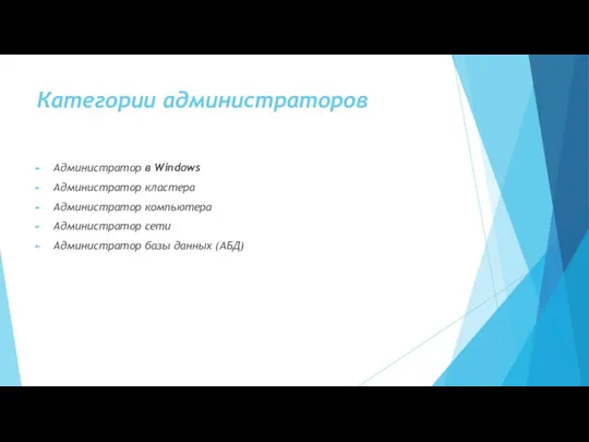 Категории администраторов Администратор в Windows Администратор кластера Администратор компьютера Администратор сети Администратор базы данных (АБД)