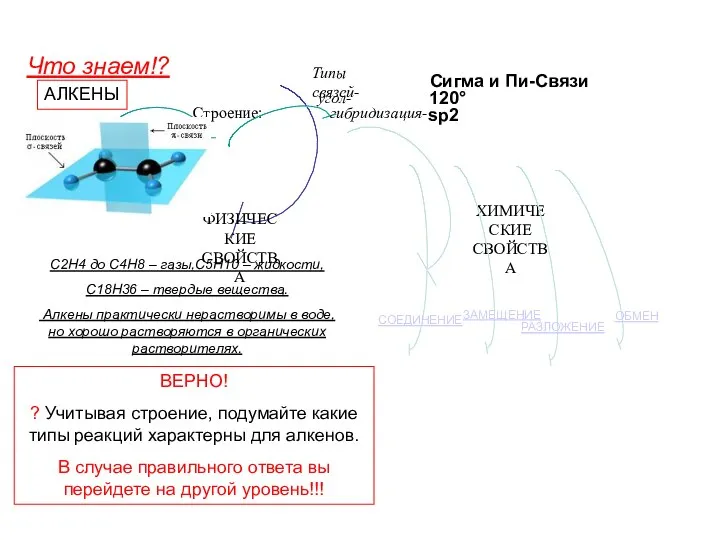 СОЕДИНЕНИЕ ЗАМЕЩЕНИЕ АЛКЕНЫ Сигма и Пи-Связи sp2 120° гибридизация- С2Н4 до