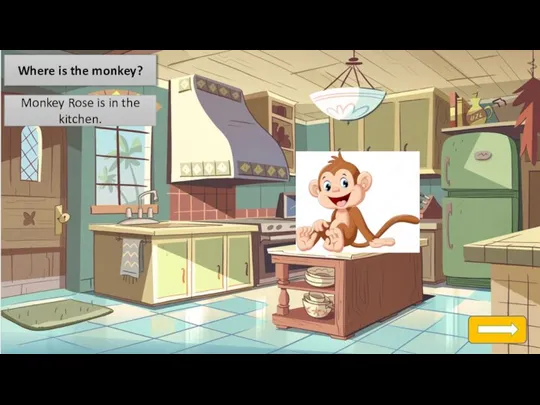 Where is the monkey? Monkey Rose is in the kitchen.