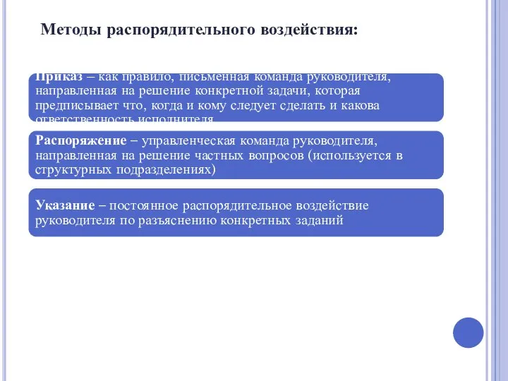 Методы распорядительного воздействия: Приказ – как правило, письменная команда руководителя, направленная