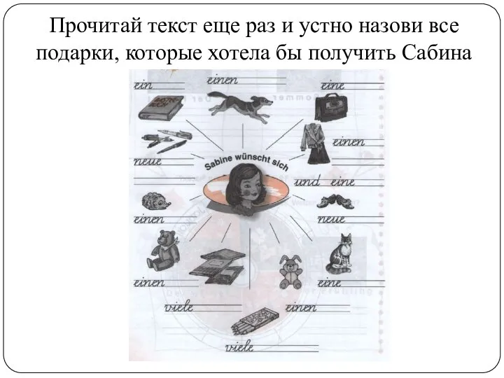 Прочитай текст еще раз и устно назови все подарки, которые хотела бы получить Сабина