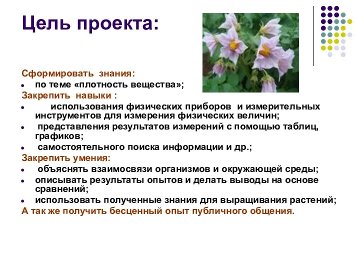 Цель проекта: Сформировать знания: по теме «плотность вещества»; Закрепить навыки :