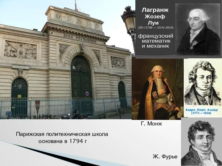 Парижская политехническая школа основана в 1794 г Г. Монж Ж. Фурье основана в 1794 г