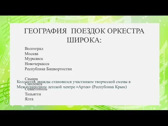 Волгоград Москва Мурманск Новочеркасск Республика Башкортостан Самара Смоленск Севастополь Тольятти Ялта