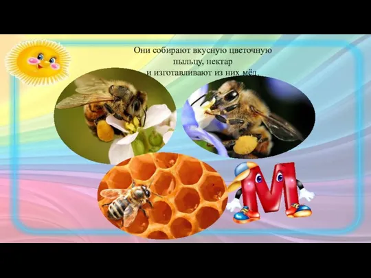 Они собирают вкусную цветочную пыльцу, нектар и изготавливают из них мёд.